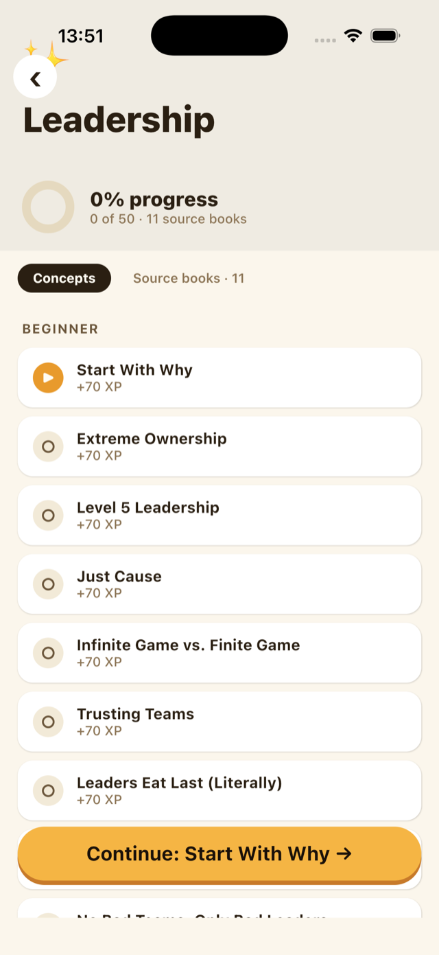 Nugget app — Leadership area with concepts like Start With Why and Extreme Ownership