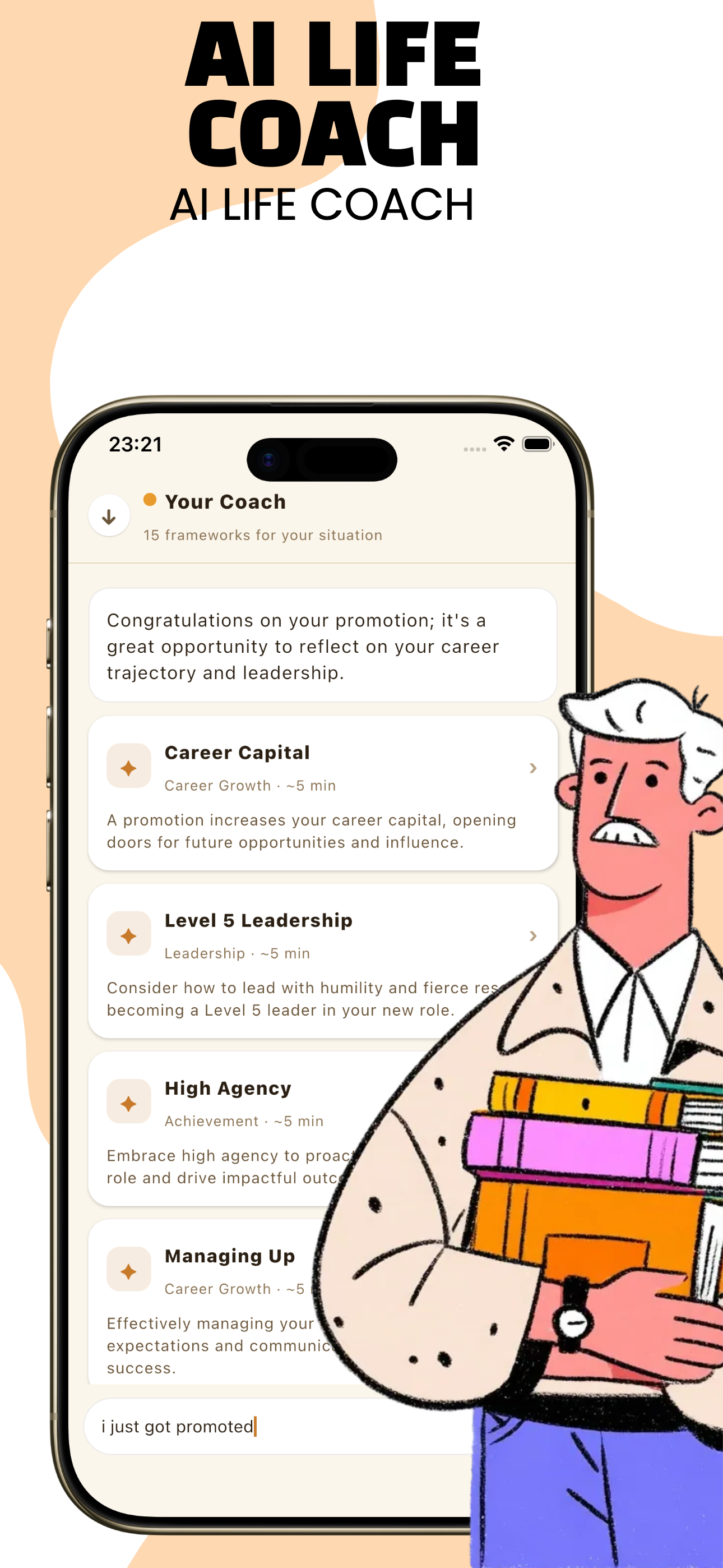 AI Life Coach screen suggesting frameworks for your situation