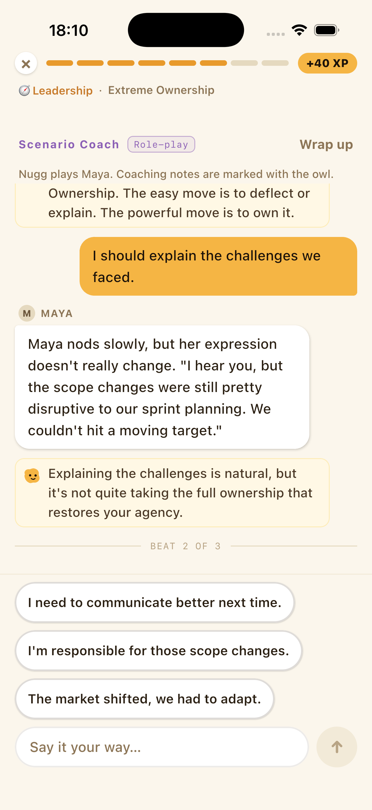 Scenario Coach — Nugg plays a colleague in a role-play conversation and you reply in your own words